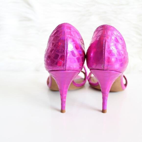 Tabitha Simmons Hot Pink Iridescent Lizard-Embossed Strappy High Heels - Picture 8 of 12